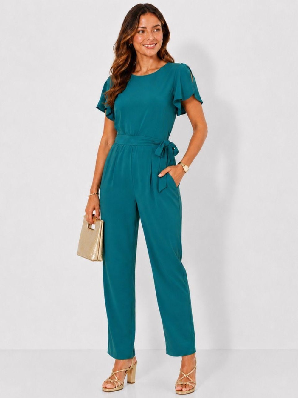 Calvin Klein Teal Short-Sleeve Tie-Waist Jumpsuit